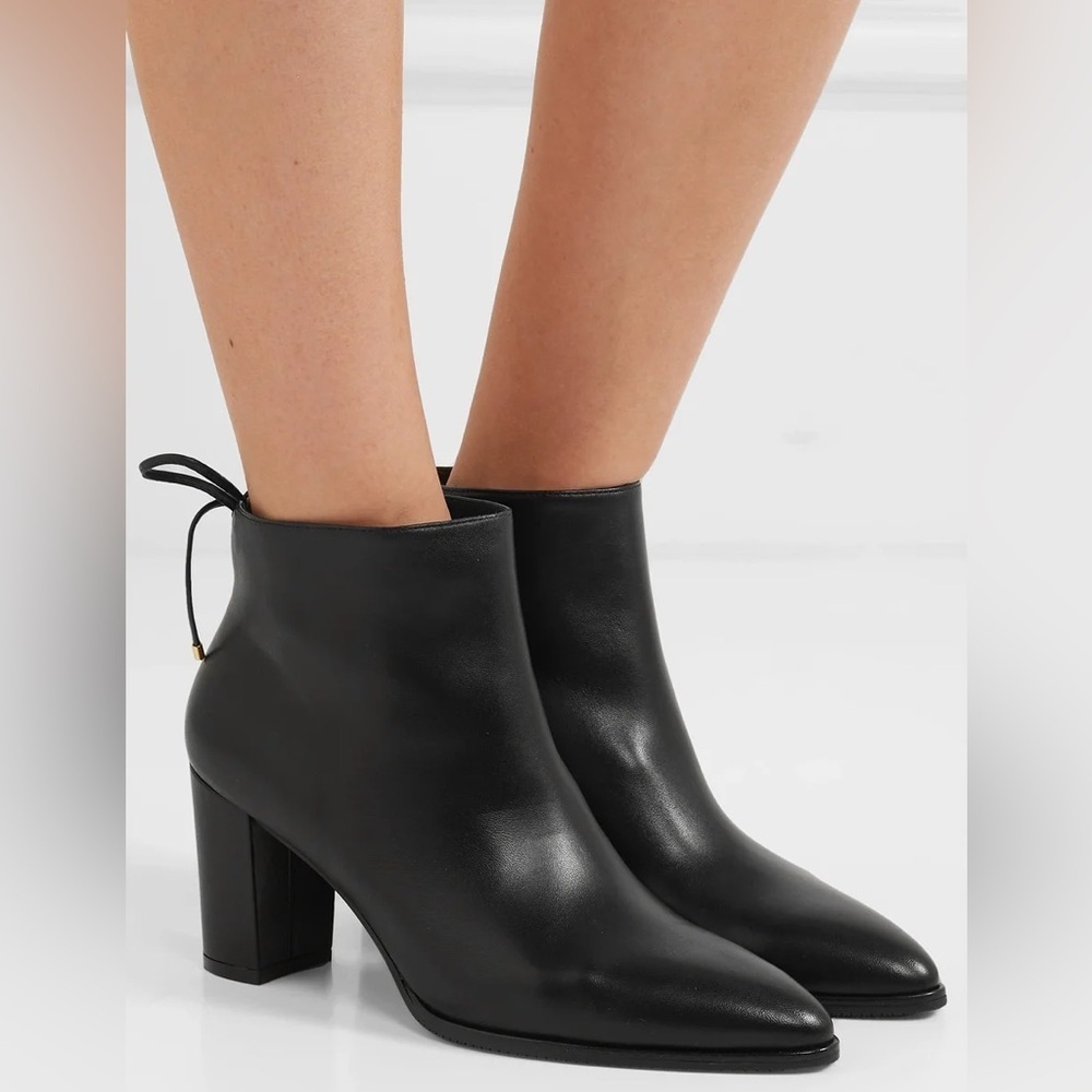Stuart Weitzman Gardiner Black Lambskin‎ Leather Tie Back Block Heel Booties 7B
